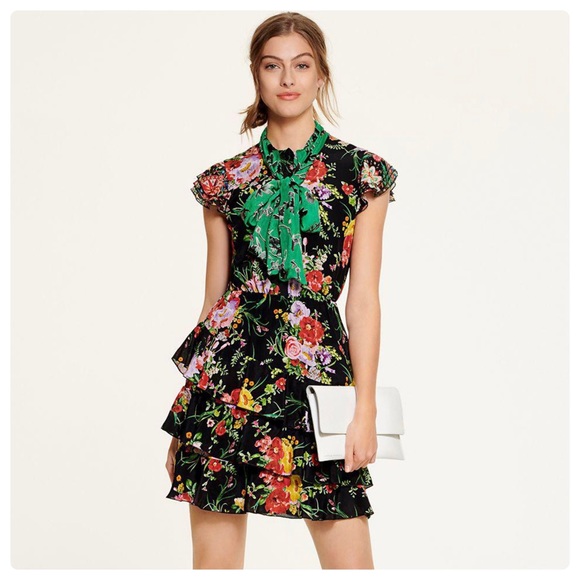 ALICE + OLIVIA Lessie Tiered Floral Tie-Neck Dress - Picture 2 of 10